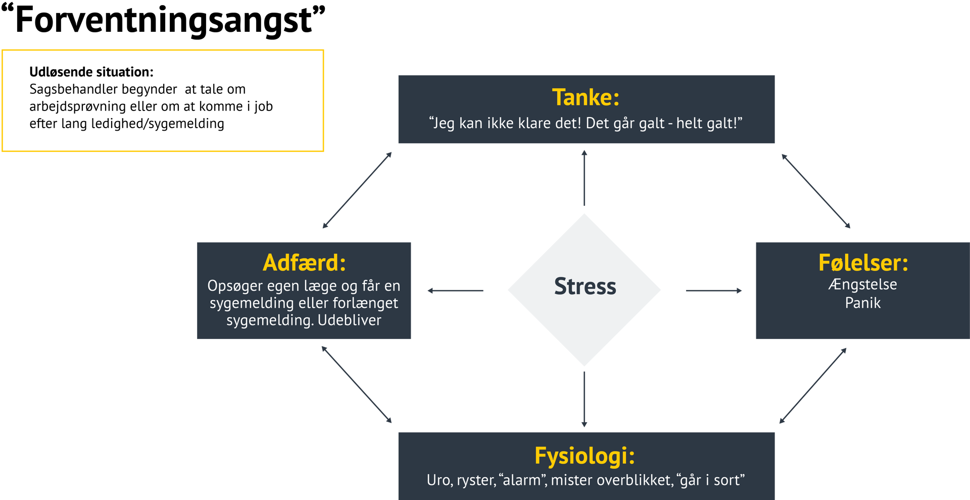 Diagrammet viser processen ved forventningsangst. Udløsende situation: Sagsbehandler taler om arbejdsprøvning eller job efter lang ledighed/sygemelding. Midten: Stress. Fire pile peger til: Tanke: "Jeg kan ikke klare det! Det går galt – helt galt!". Følelser: Ængstelse, Panik. Fysiologi: Uro, ryster, 'alarm', mister overblikket, 'går i sort'. Adfærd: Opsøger læge og får sygemelding eller forlænget sygemelding. Udebliver.